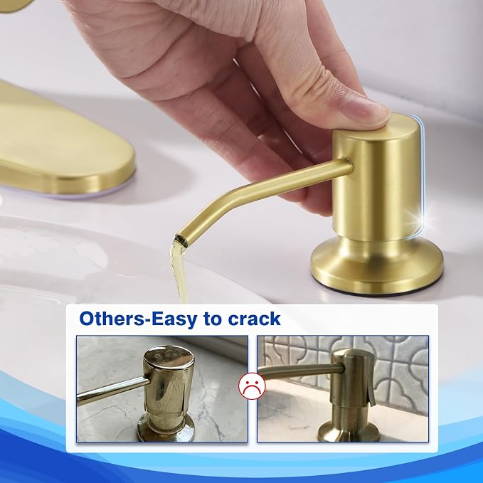 Gold Soap Dispenser for Kitchen Sink WEWE, Stainless Steel | Brushed Gold Soap Dispenser with Long Spout, Gold Soap Pump Built in Countertop Under Sink, Refill from The Top
