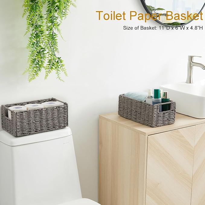 Wicker Storage Basket, Set of 2 Grey Baskets for Toilet Paper | Hand-Woven Wicker Baskets, Small Storage Baskets for Organizing with Handles Foldable Cube Storage Organizer Bins for Shelves