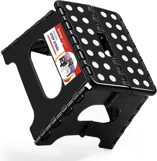 Collapsible Step Stool 7.5 Inch, Small Folding Stool, 176 lbs, Black | Lightweight Foldable Step Stool for Kids and Adults with Handle, for Kitchen, Bathroom, Car, and Compact Home Storage