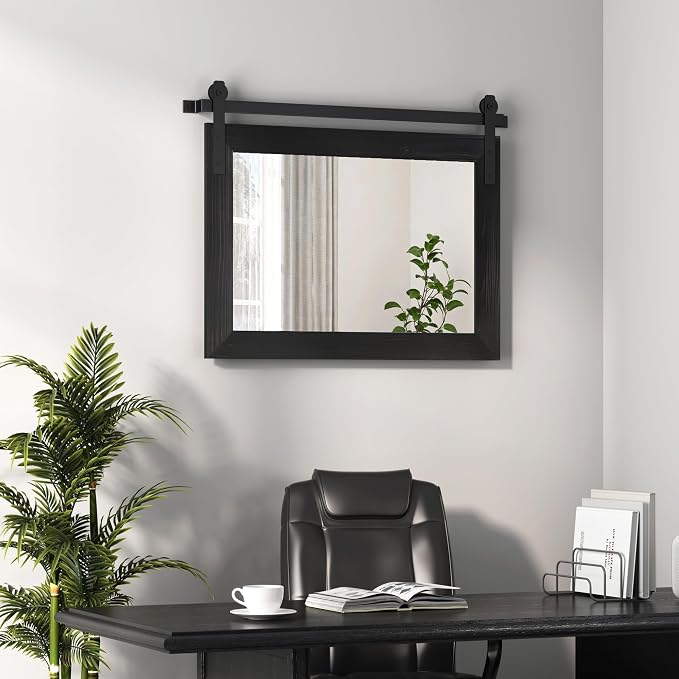COGOOD Farmhouse Barn Door Mirror - 18 x 25 Black | Rustic Wood Framed Vanity Mirror for Entryway, Living Room, Bedroom, Bathroom Wall Decor