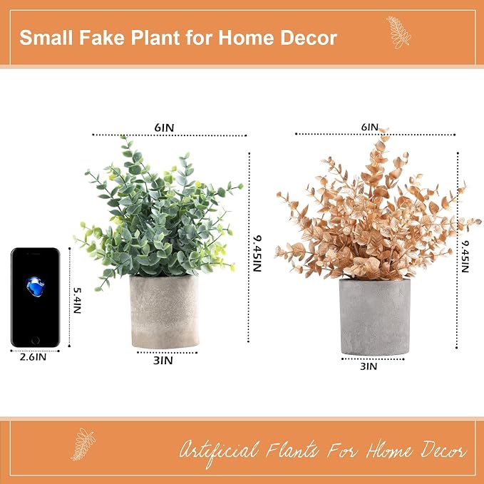 Coferset 2 Pack Small Fake Plants Eucalyptus Potted,Gold | Small Space Artificial Plants for Bathroom Shelf Office Desk Home Farmhouse Room Coffee Table Tray Christmas Decor