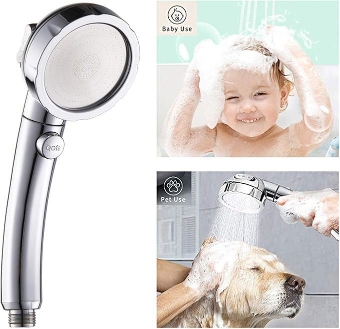 High Pressure Handheld Shower Head with ON/OFF Pause Switch | 3 Spray Modes Shower Wand with Shut Off Button, Camper & RV Showerhead with Hose & Angle Adjustable Bracket, Chrome Finish