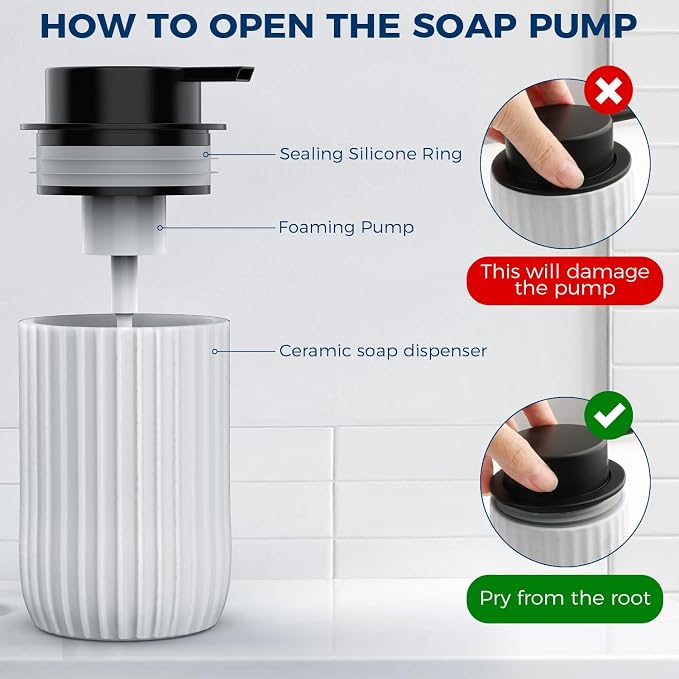 Ceramic Foaming Hand Soap Dispenser, 12 oz Bathroom Soap Dispensers - White | Lotion Dispenser for Kitchen, Refillable Matte Streaks Soap Dispenser with Large Pump