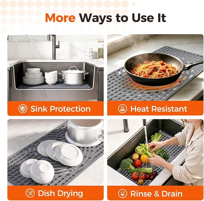 Snuggery Silicone Sink Protector for Kitchen Sink, 30"x16" Rear Drain | Scratch protection, cushions fragile dishes and glassware, dishwasher safe, food-grade silicone, 446°F heat resistant