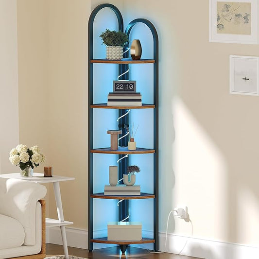 MAHANCRIS 5-Tier Corner Shelf with LED Light, 64.6'' Tall Corner Bookshelf, Narrow Storage Shelf with Metal Frame, for Living Room, Bedroom, Small Spaces, Rustic Brown and Black CSHR55101