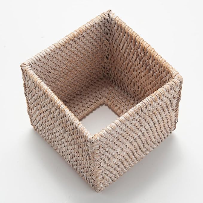 2 Pack Rattan Tissue Box Cover Square, Wicker Tissue Box Holder, Decorative Woven Facial Tissue Holder for Bathroom, Kitchen, Living Room, Bedroom (5.5 x 5.5 x 5.7 inch, Whitewash)