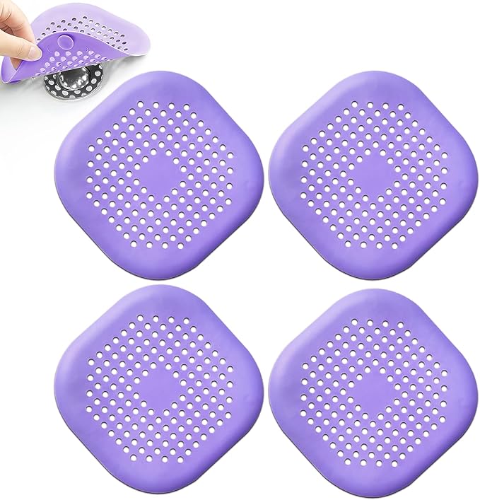 4 Pcs Shower Drain Hair Catcher Bathtub Stopper Home Drain Protectors Drain Cover with Sucker Water Trap Sink Cover for Bathroom Bathtub and Kitchen (Purple)