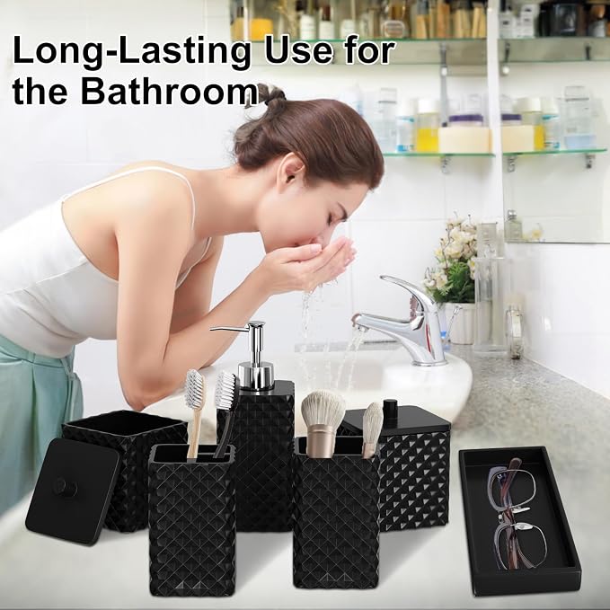 Bathroom Accessories Set Resin 6PCS, Square Toothbrush Holders Set Complete with Soap Dispenser, Vanity Tray, Tumbler, Cups and Cotton Swab Jars (Black Diamond, Resin Bath 6 PCS)