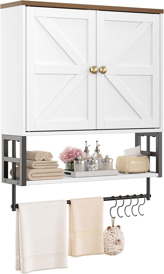 Wall Mounted Bathroom Storage Large Farmhouse Medicine Cabinet | 2 Doors & Adjustable Shelves 5 Hooks, 3-Tier for Over-Toilet, Laundry, Living, Bedroom, Kitchen, Space Saving