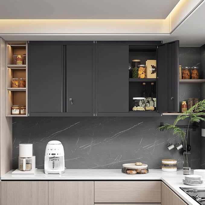 Metal Storage Cabinet,Garage Wall Cabinets with Locking Doors,Black Metal Cabinet with Adjustable Shelf for Home Office,Utility Room