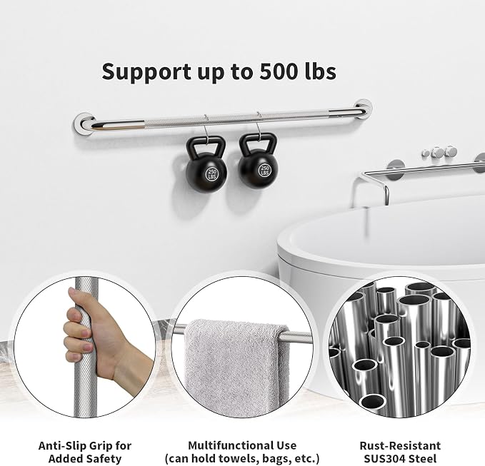 ZUEXT 42 Inch Extra Long Polished Chrome Anti Slip Knurled Safety Grab Bar | Stainless Steel Bathroom Safety Assist Handle, Heavy Duty Wall Mounted, Balance Support Rail for Seniors Handicap, 1.25" Dia