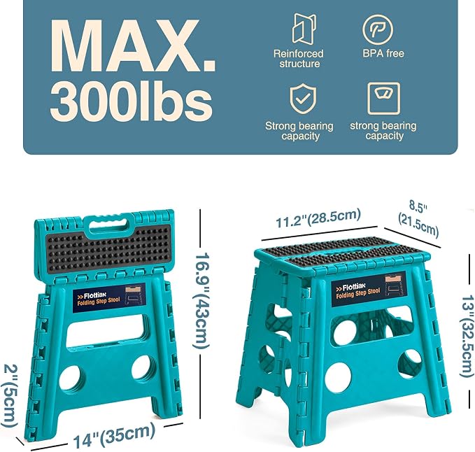 Flottian 13" Folding Step Stool for Adults and Kids Holds Up to 300 lbs,Non-Slip Folding Stools with Handle, Compact Plastic Foldable Step Stool for Bathroom,Bedroom, Kitchen Ocean Blue,1PC
