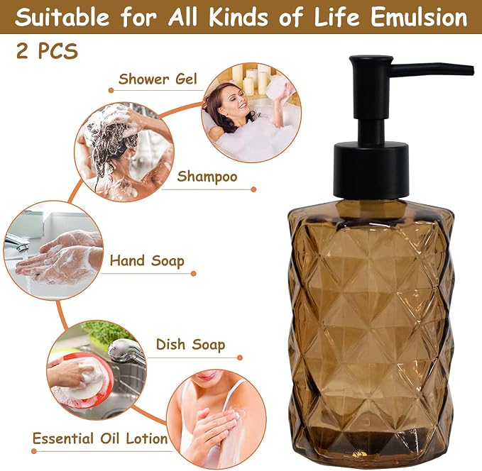 YYTSGG Brown Glass Soap Dispenser with Black Plastic Pump, 12oz, 2 Pack | Refillable Liquid Hand Soap Dispenser, Crystal Lotion Bottle for Modern Home Decor, Bathroom, Kitchen Countertop, Hotel