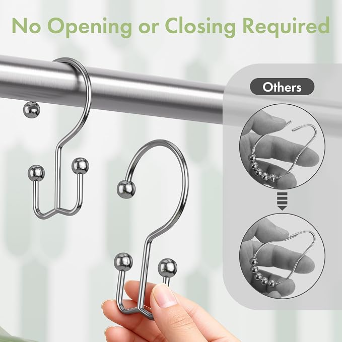 Chrome Shower Curtain Hooks, 12PCS Minimalist Simple Double Shower Curtain Rings, Rust-Resistant Metal Shower Hooks Shower Curtain Hangers, Shower Rings for Bathroom Shower Rods Curtains