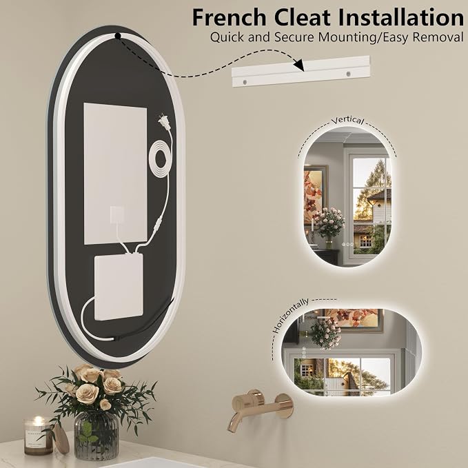 20x32 Inch Oval Backlit LED Bathroom Mirror | Lighted Vanity Mirror with Lights for Wall, Dimmable, Phill-shaped, 3 Colors Lighting, Anti-Fog, Memory (Horizontal/Vertical)