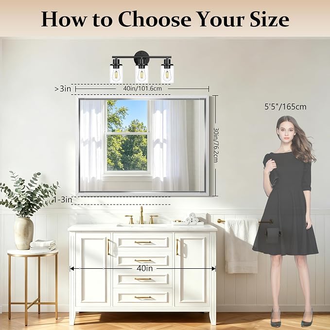COFENY Bathroom Mirror, 30x40 Brushed Silver Rectangle Mirrors, Thickened Deep Metal Frame Bathroom Vanity Mirrors for Over Sink, Bedroom, Entryway, HD Tempered Glass, Horizontally or Vertically