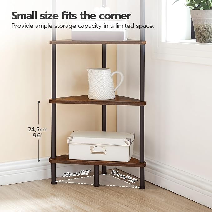 HOOBRO Corner Shelf Stand, Industrial 6-Tier Wall Corner Bookshelf with Metal Frame, Plant Display Shelf, Bookcase for Small Spaces, Bedroom, Living Room, Rustic Brown BF36CJ01