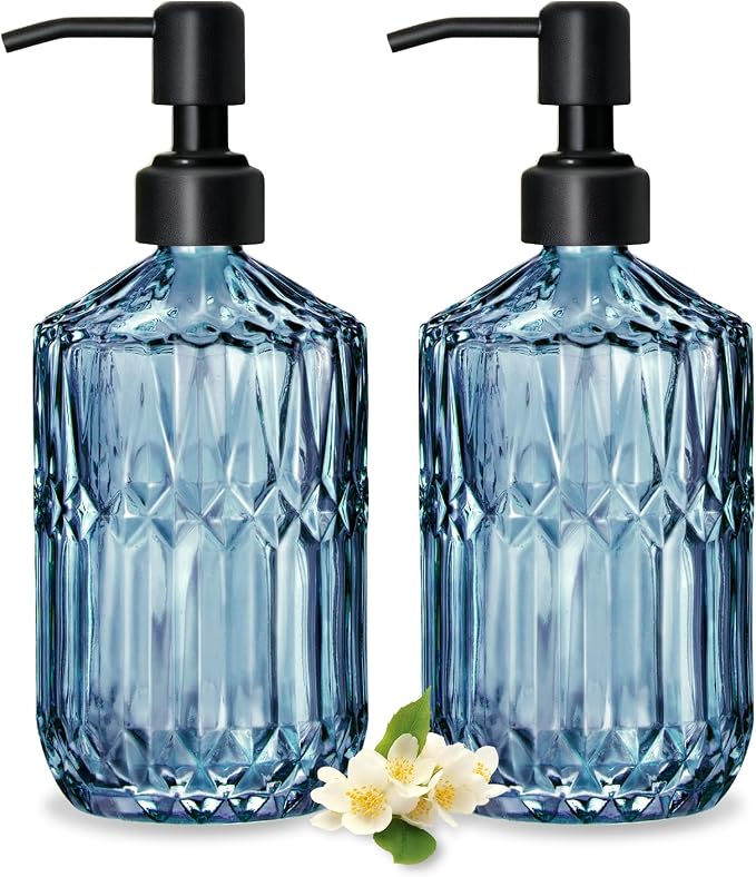 COHOSEGE 17 Oz Blue Glass Kitchen Soap Dispenser for Dish Soap, 2 Pack Bathroom Soap Dispenser Set with Black Rust Proof Pump for Lotion, Hand soap or Body Wash