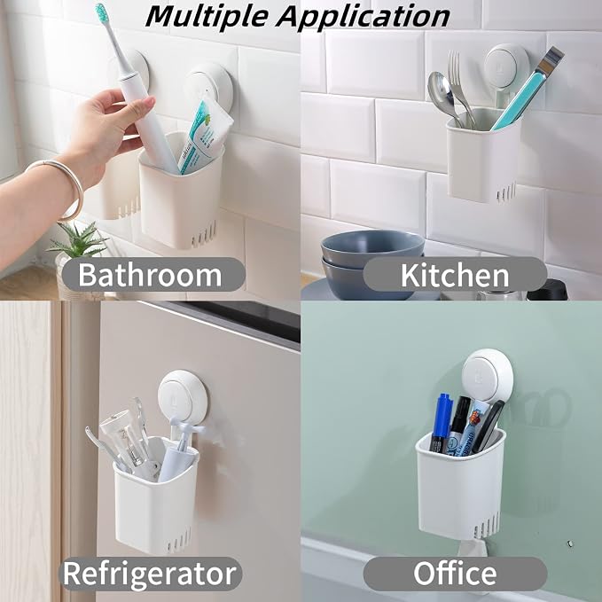 Powerful Suction Toothbrush Holder, Removable Drill-Free Wall Shower Holder for Toothbrush, Toothpaste, Razor, Self-draining Suction Cup in Shower, Kitchen Tableware Organizer, White, 2 Pack
