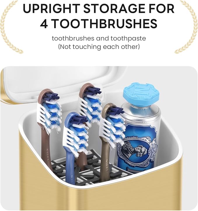 GFWARE Gold Bathroom Toothbrush Holder with Cover, Ventilated & Drainage | Detachable 5 Slots Bathroom Organizer for Toothbrush and Toothpaste, Waterproof & Dustproof, Fits Toothbrushes Under 7.5 In