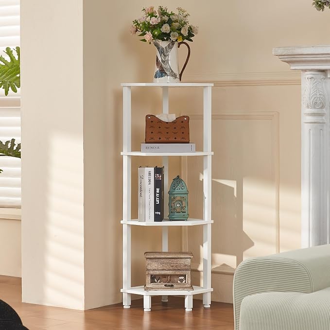 YUFAM 4-Tier Corner Shelf, White | Wooden Corner Bookshelf for Small Spaces, Corner Standing Shelf with Sturdy 5-Leg Base