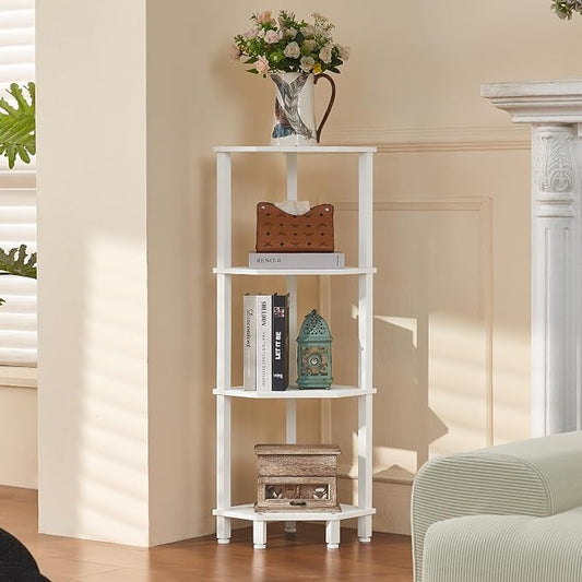 YUFAM 4-Tier Corner Shelf, White | Wooden Corner Bookshelf for Small Spaces, Corner Standing Shelf with Sturdy 5-Leg Base