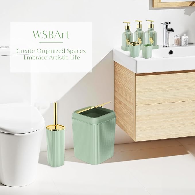 17PCS Bathroom Accessories Set, Green Bathroom Set Bathroom Accessories Set with Trash Can, Toilet Brush, Toothbrush Holder, Qtip Holder & 3PCS Soap Dispenser