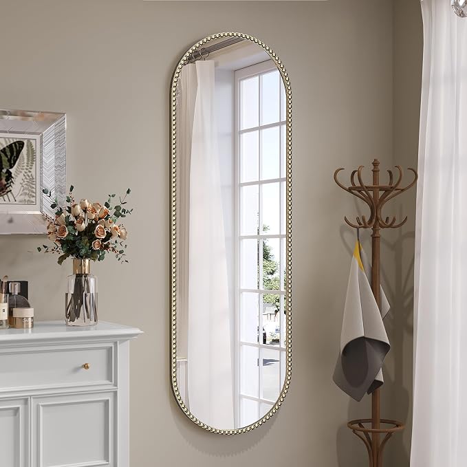 Champagne Bronze Bathroom Mirror,16"x48" Oval Brass Vintage Mirror | Gold Beaded Wall Mirrors with Metal Frame, Antique Vanity Mirror for Over Sink,Entryway,Bedroom,Living Room Fireplace Mantel