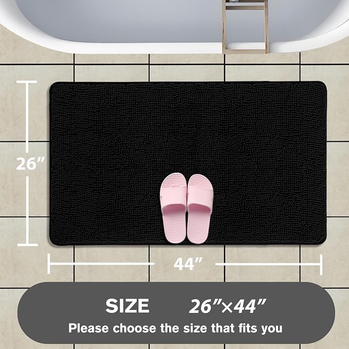 Black Bathroom Rug – Absorbent and Washable Bath Mat, Non-Slip, Thick Soft Chenille Bath Rugs for Bathroom Floor, Shower, Sink - 26" x 44"
