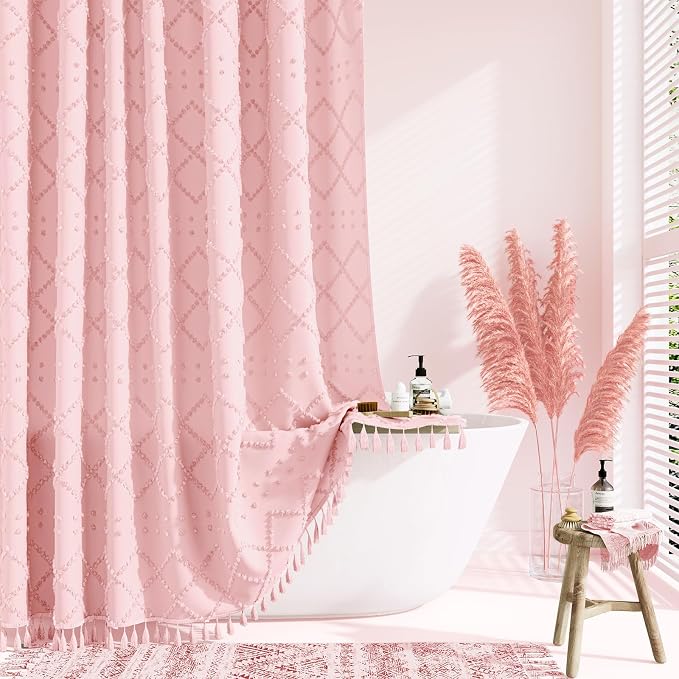 Extra Long Boho Shower Curtain Tufted Geometric 72"x96" Pink | 96 Inch Tall, Elegant Tassel, Lightweight Textured Fabric, Water Repellent, Washable, Hotel Spa, for Bathroom/Dorm 12 Hooks