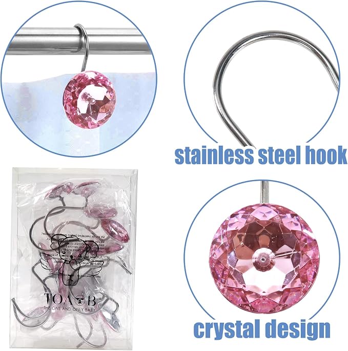 TOAOB 12pcs Pink Shower Curtain Hooks Rings Rust Proof Stainless Steel for Bathroom Curtains Rod Diamonds Rhinestone Decorative Round for Bathroom Curtain Shower Rod Accessories