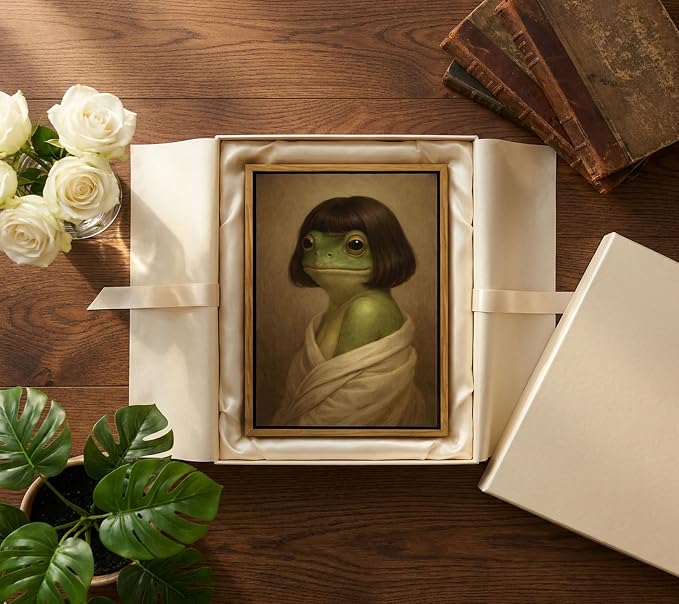 Floating Framed Whimsical Frog Canvas Wall Art, Funny Bathroom Frog Wall Decor, Eclectic Animal Print Poster, Vintage Abstract Animal Picture Artwork for Bathroom, Bedroom Home Decoration, 8x10in