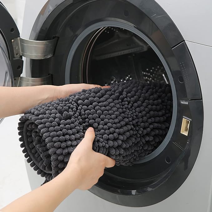 Striped Grey Bathroom Rug Mat 36"x24" Ultra Soft, Non Slip Chenille Bath Rugs, Absorbent Plush Shaggy Bath Mats for Bathroom, Bedroom, Kitchen, Shower, Tub,Dark Gray, Charcoal
