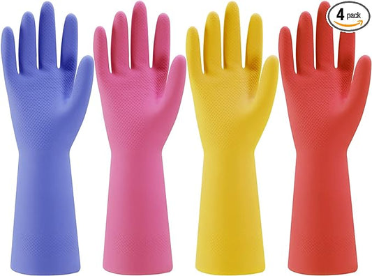 Rubber Kitchen Dishwashing Gloves - 4 Pairs Colorful Reusable Household Cleaning Gloves for Washing Dishes and Cleaning Tasks, Flexible Long-lasting and Non-Slip (Medium, Blue+Pink+Yellow+Red)