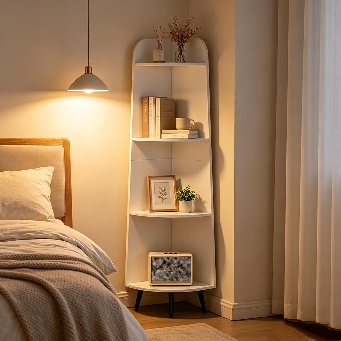 VECELO Large Tall Corner Shelf, 66.93" H 4-Tier Corner Storage Organizer, Freestanding Corner Display Rack for Living Room Bedroom Home Office, White