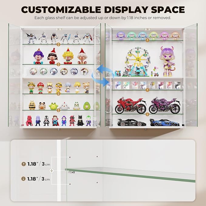 Wall Display Case with Glass Doors, Sports Card Display Case | 6-Tier, Adjustable Glass Shelves, Shot Glass Display Case for Collectibles, Display Cabinet for Trading Cards, White