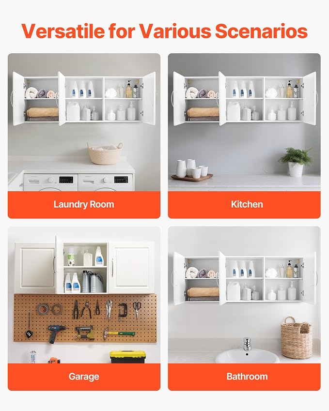VEVOR Laundry Room Wall Cabinet, 2-Tier Wall Mounted Hanging Cabinet with Adjustable Shelf, Cupboard Storage with 3 Doors, for Kitchen, Bathroom, Laundry, 12.44 x 54 x 20.31 in (D x W x H), White