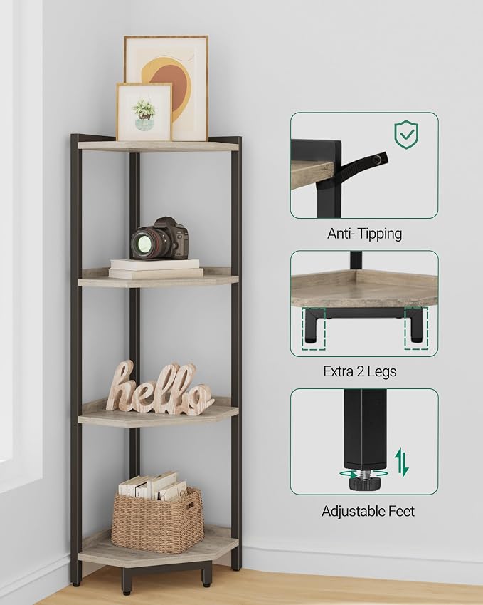 Hzuaneri Corner Shelf Stand 4-Tier Corner Bookshelf Storage Standing Shelf | Bookcase Plant Stand with Metal Frame for Living Room, Home Office, Bedroom, Greige CS05805B