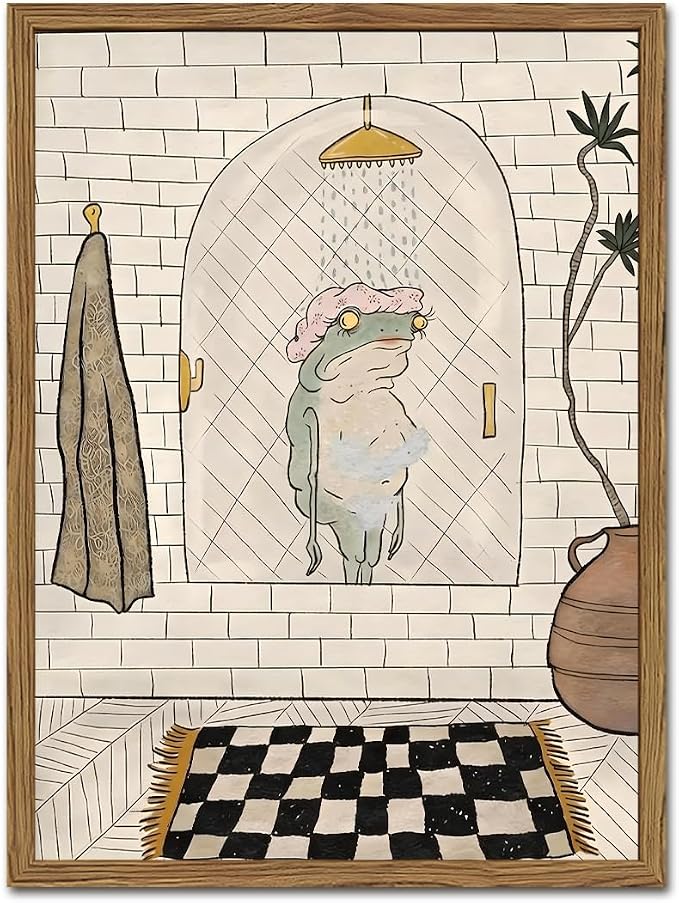 Cute Frog Bathroom Wall Art Funny Frog Shower Wall Decor Picture Quirky Animal Restroom Poster Canvas Painting Print 12x16 inch Wood Framed