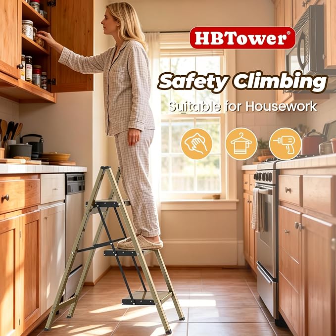HBTower 3 Step Ladder, Lightweight Aluminum Folding Step Stool | Anti-Slip Wide Pedal, 330lbs Capacity Step Ladder for Household Kitchen Office, Gold