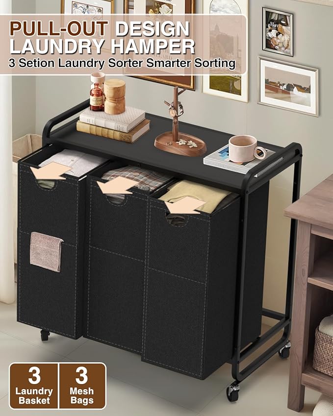 Laundry Sorter 3 Section,Laundry Basket with Wheels,3×15.8 Gal (60L) Black | Laundry Room Organization with Wooden Desktop Shelf,Pull-Out and Removable 900D Oxford Fabric Laundry Bags for Laundry Room