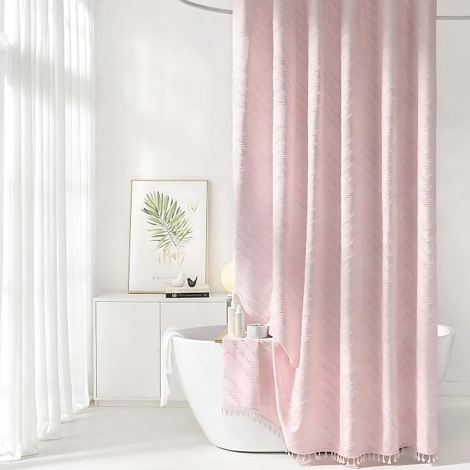 Siiluminisoy Blush Shower Curtain Fabric Shower Curtain for Bathroom 72 x 84 Tufted Chevron Textured Striped Modern Farmhouse Minimalist for Bathroom
