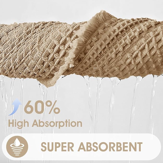 Upgraded Waffle Bath Mat Set 3 Piece Beige-Herringbone, Super Absorbent Non-Slip Quick Dry Bathroom Rugs with Tassels, Machine Washable Ultra Soft Boho Bath Rugs, Toilet Mats Boho Farmhouse Decor