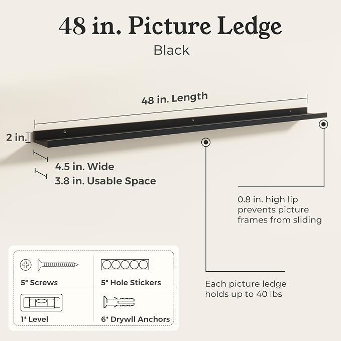 Black Picture Ledge Shelves for Wall, 4.5" Deep Wood Floating Shelves with Lip for Bedroom, Living Room, 48" Width, Color Black Set of 2