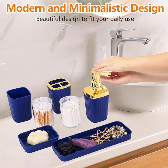 9 PCS Navyblue Bathroom Accessories Set with Trash Can Bathroom Accessory | All-in-One Kit with Trash Can,Toothbrush Holder,Soap Dispenser,Toothbrush Cup,Vanity Tray,Soap Dish,Toilet Brush etc for Home