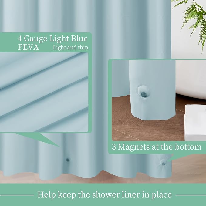 Light Blue Shower Curtain Liner with 3 Magnets, 72x72 | 12 Rustproof Grommets,Premium Flexible Sturdy Plastic Shower Curtain for Bathroom Lightweight & Waterproof,72W x 72H