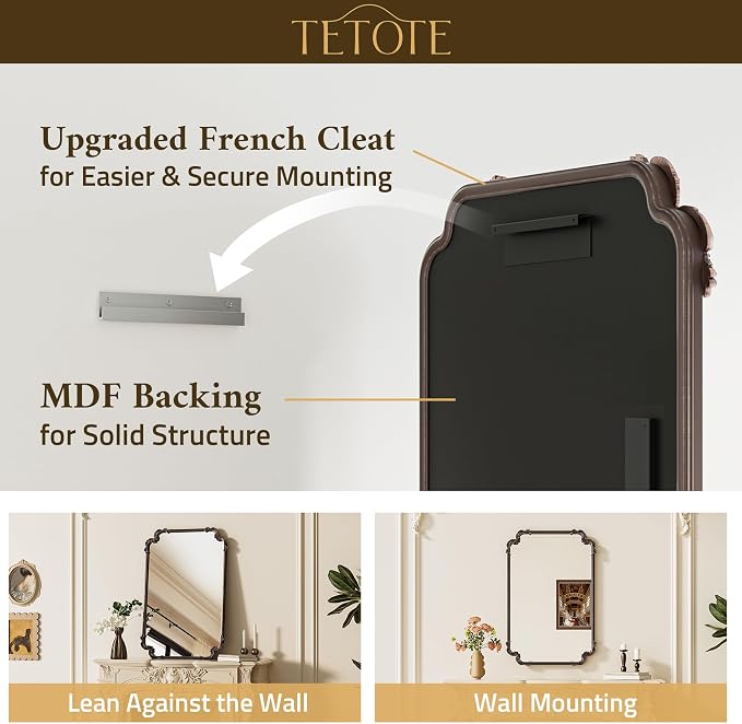 Vintage Antique Bronze Rectangle Mirror for Mantle Fireplace 48 x 32 Traditional Baroque Ornate Scroll Wall Mirror with Metal Frame for Living Room Bedroom, Horizontal/Vertical