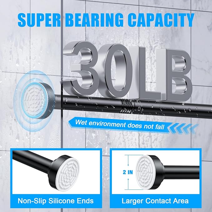TEECK 2 Pack Shower Curtain Rod, 32-80 inch Adjustable Spring Tension Curtain Rod, Never Rust Anti-Slip Shower Curtain Rod for Bathroom, No Drilling, Never Collapse, Easy to Use, Black