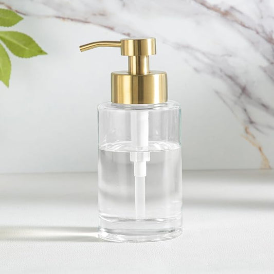 Enra Glass Soap Dispenser, Clear Bottle Gold Pump Liquid Hand Soap | 12oz Clear Thick Glass Bottle With Stainless Steel Pump. Refillable Design Creates A Stylish Accent for Kitchens