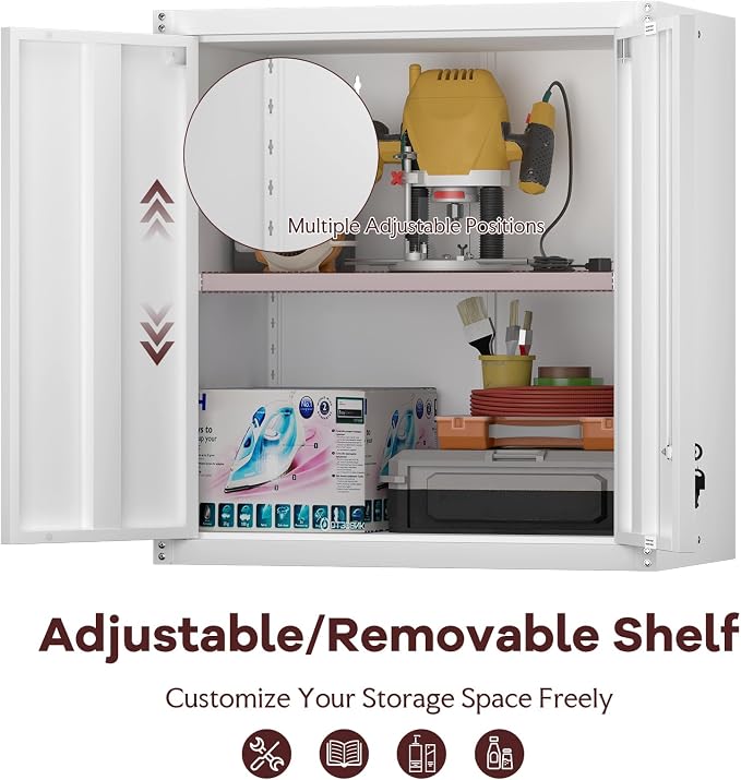 Metal Wall Cabinet, Steel Locking Cabinet for Office, Home Office Cabinets with Doors and Shelves, Garage Cabinets for Utility Room, Laundry Room